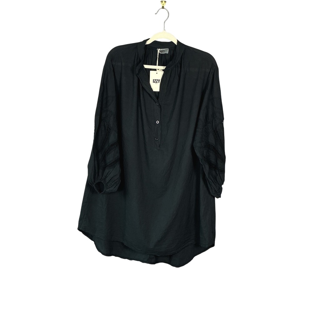 Izzy Paris Black Cotton Eyelet Embroidered Balloon Sleeve Tunic Top New One Size